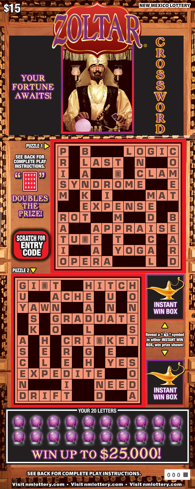 ZOLTAR® CROSSWORD scratch-off ticket